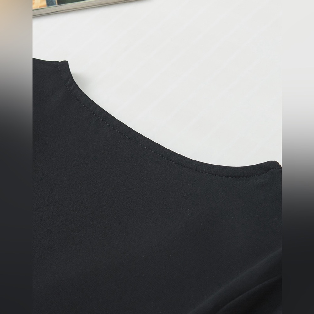 Black Pearl Mesh Flounce Sleeve V Neck Blouse - Picture 13 of 15